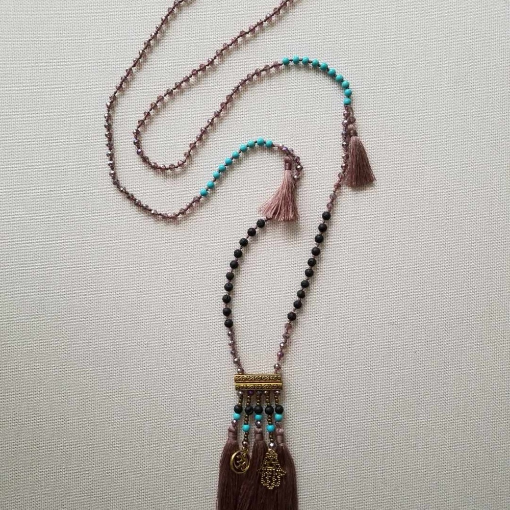 Handmade Mauve Tassel Necklace with Om & Hamsa Hand Protective Charms 40” Long